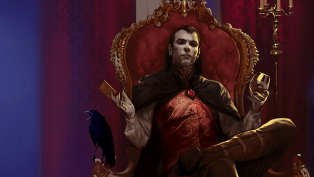 A DnD 5E Vampire sits on a velvet throne, swirling a glass of wine.