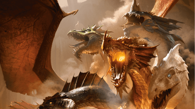 A multi-headed dragon rises over the dust in DnD 5E. The dragon heads channel different elements in their open maw, and one wing can be seen.