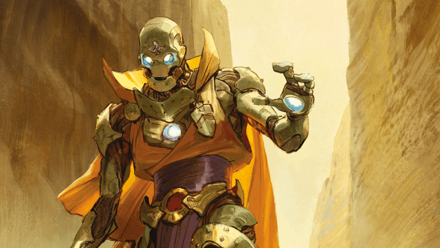 A robotic man wearing a yellow cloak in the DnD 5E environment Eberron looks towards the viewer as they hold their hand in a claw.