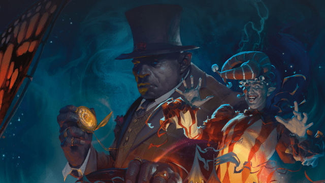 A man wearing a top hat and holding a pocketwatch sits next to a dastardly looking clown on the poster for 5E's Wild Beyond the Witchlight.