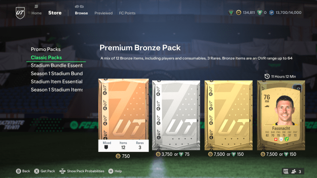 The store page in EA FC 24 Ultimate Team showing a Bronze Premium Pack, Silver Premium Pack, Gold Premium Pack, and a Preview Pack.