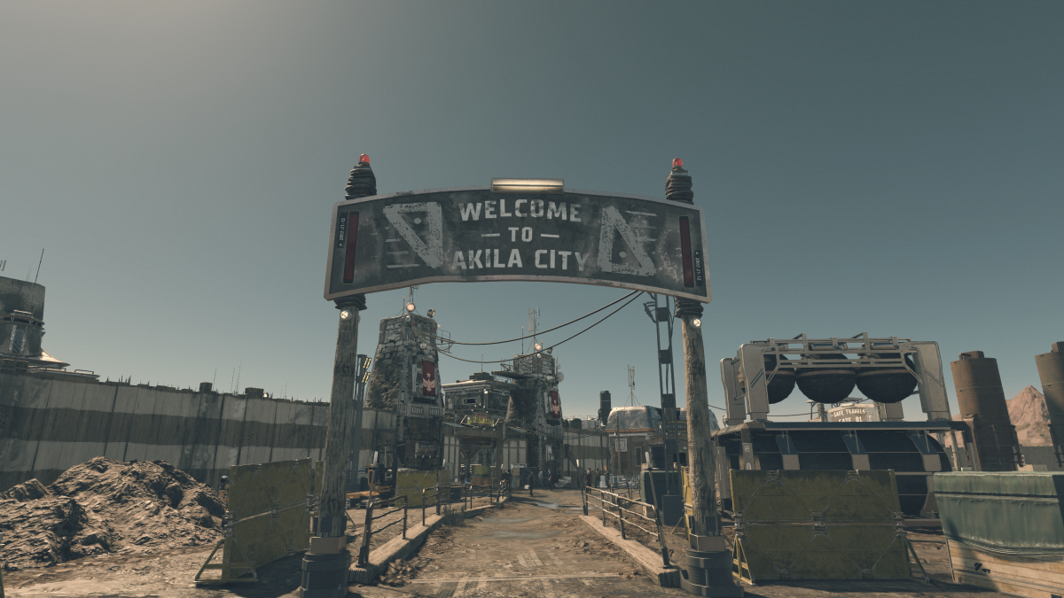 An in game screenshot of the entrance to Akila City from the game Starfield.