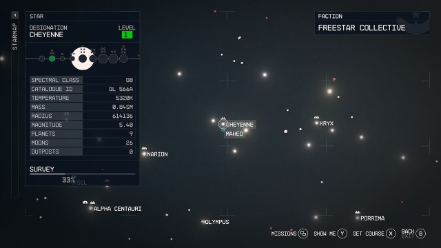 Screenshot of the Chyenne system as it appears in the Starfield starmap