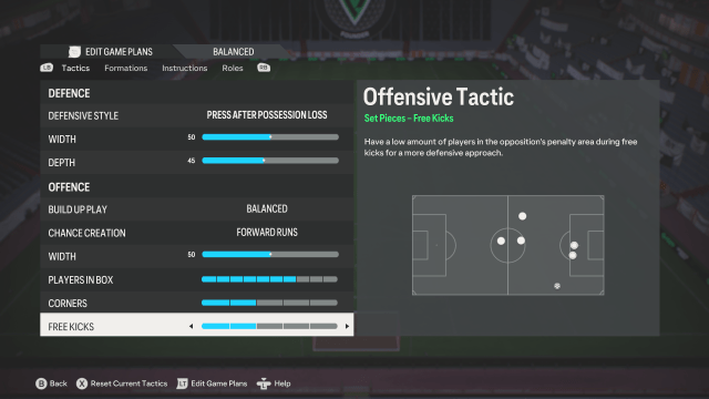 A custom tactic in EA FC 24 showing instructions for a 4-4-2 formation.
