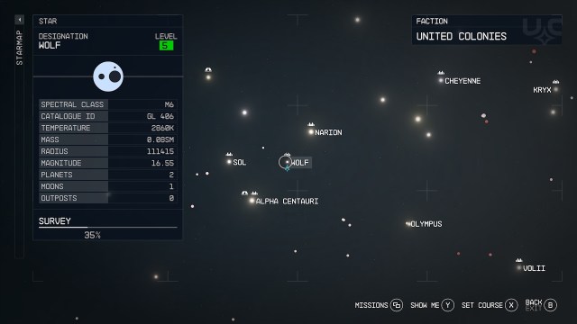 A screenshot of the Wolf system as it appears in the Starfield starmap