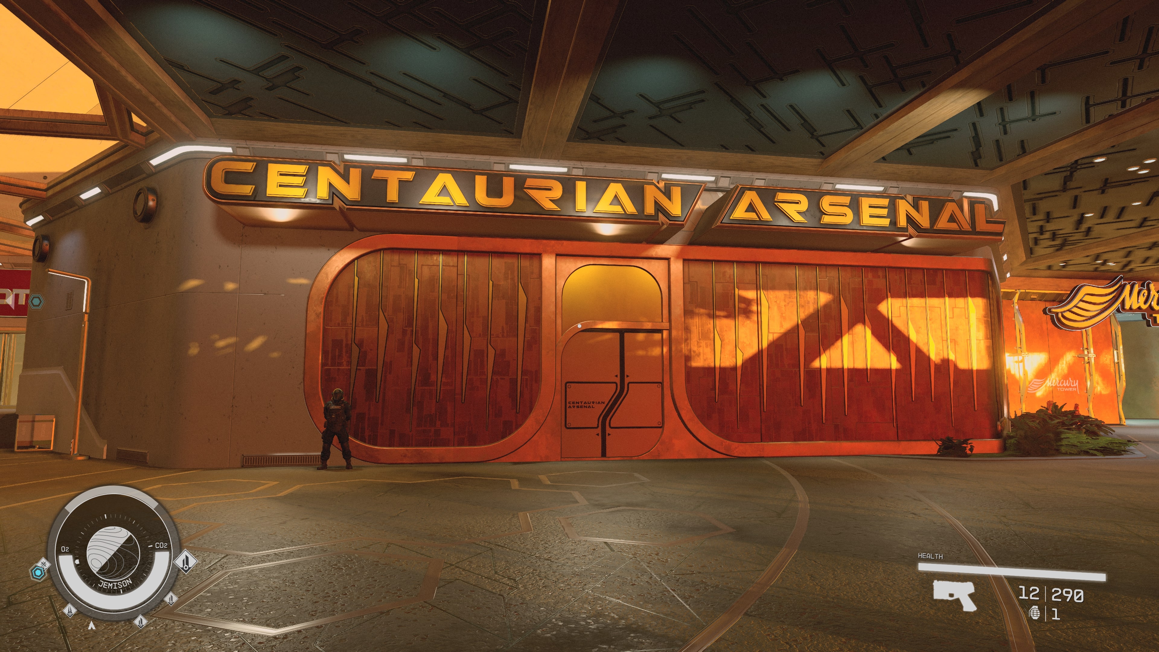 An in game image of the shop Centaurian Arsenal from the sci fi game Starfield. 
