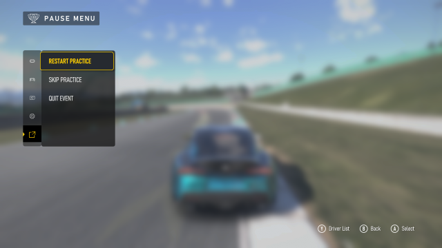 A pause menu in Forza Motorsport showing options to restart practice, quit practice, or quit the event.