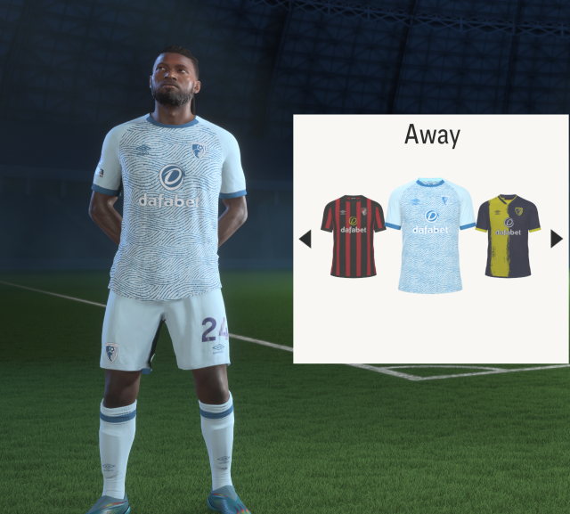 A screenshot showing the Bournemouth kits in EA FC.