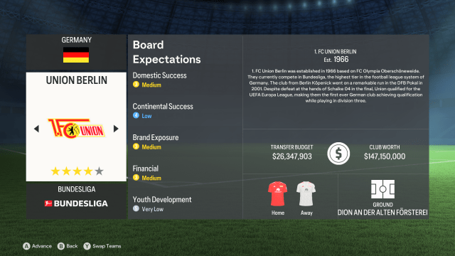 Details for Bundesliga side Union Berlin in EA FC 24 Career Mode.