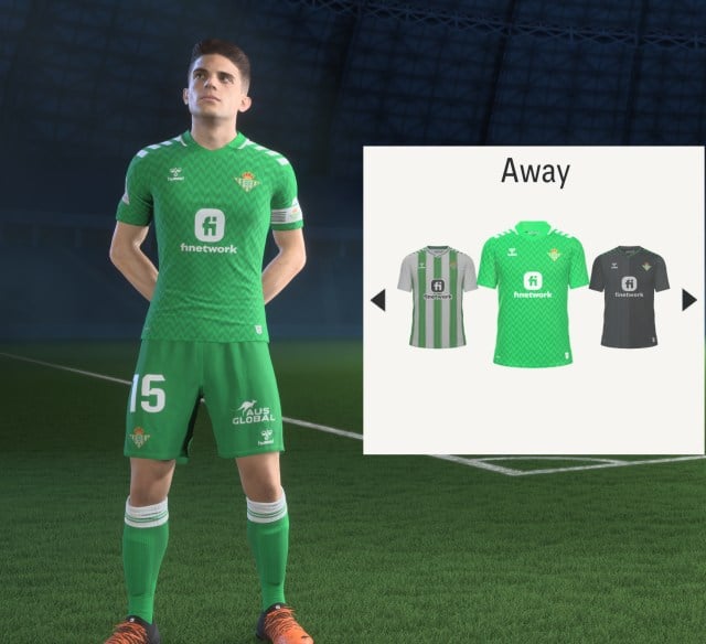 A screenshot showing the Real Betis kits in EA FC 24.