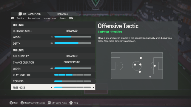 A custom tactic in EA FC 24 showing tactics for the