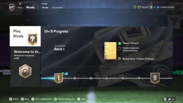 A Division Rivals menu in EA FC 24 showing current progress and rewards, as well as Milestone progress.