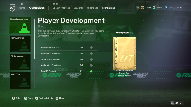 An example of the Objectives screen in EA FC 24 Ultimate Team, showing Player Development Objectives to play matches, score, and assist with Evolutions cards, and build 23 Chemistry.