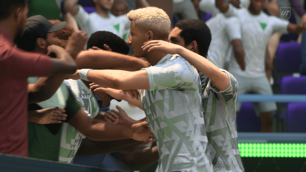 Players in EA FC Ultimate Team celebrate scoring a goal with the fans.