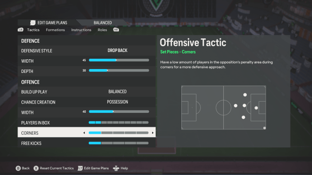 A custom tactic in EA FC 24 showing tactics for a