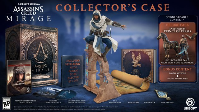 Image of the Collector's Case contents for Assassin's Creed Mirage, including a large Basim statue and map.