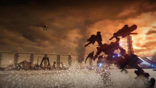 Fighting Raven in Armored Core 6, two mechs fighting under an orange sky