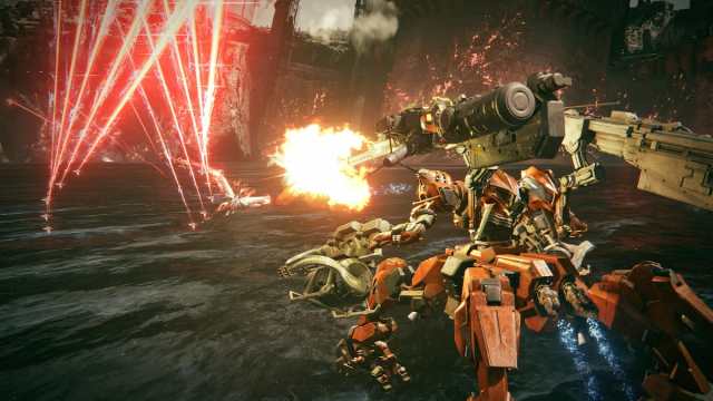 A mech fighting Ibis in Armored Core 6 with rockets and red lasers