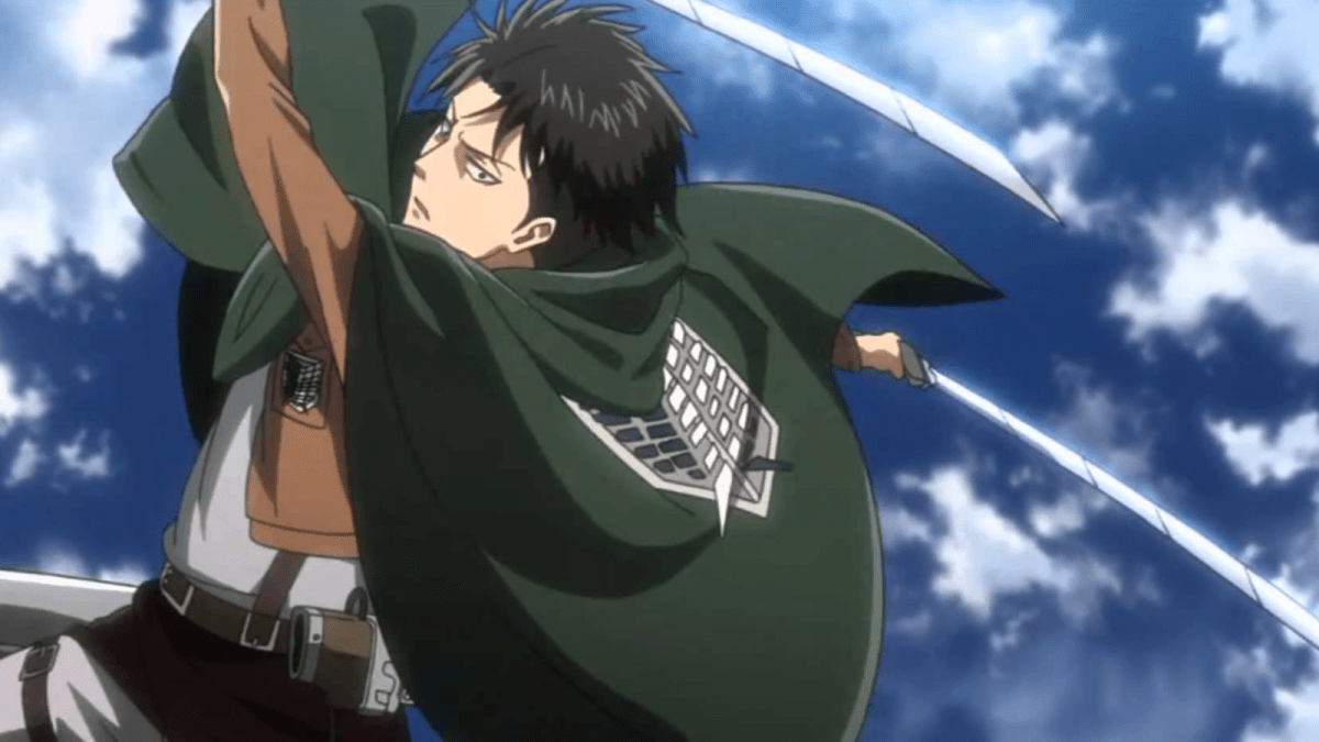 Attack on Titan Levi swinging two blades.