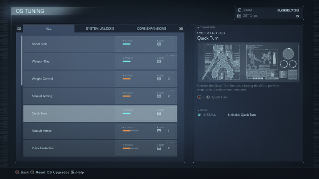 Displays the OS Tuning menu with Quick Turn highlighted in Armored Core 6.