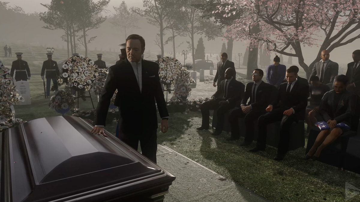 Advanced Warfare funeral with a man touching a coffin in front of a crowd of mourners