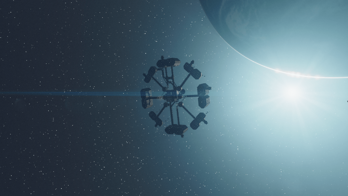 Image of a circular space vessel floating in the orbit of a large planet.