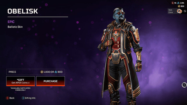 The Obelisk Ballistic skin, a red and black skin that gives Ballistic blue skin and beneath his trademark red glasses.
