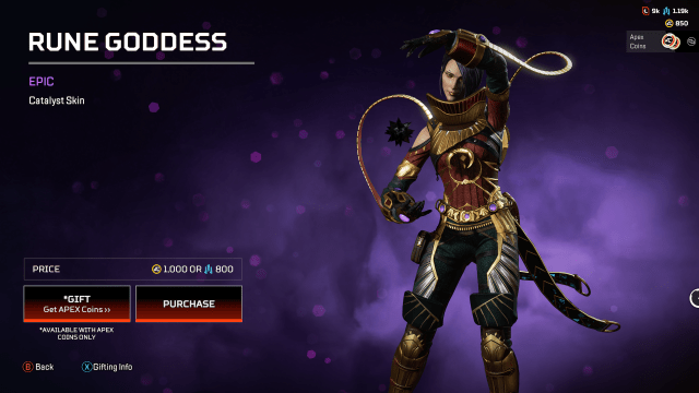 The Rune Goddess skin, a gold, red, and black skin that gives Catayst glowing purple accents.