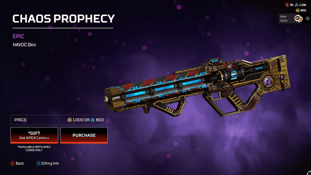 Chaos Prophecy HAVOC, a gold, red, and black weapon with red striping above a glowing blue barrel.