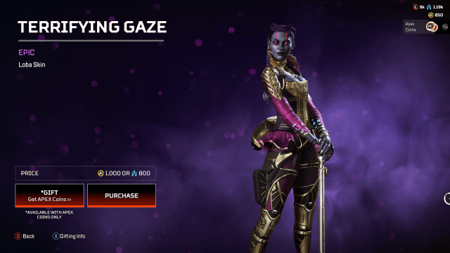The Terrifying Gaze Loba skin, a purple and gold skin that gives Loba purple skin and glowing red eyes.