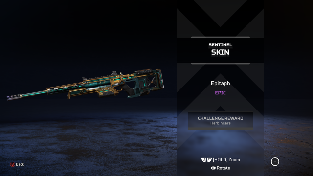 Epitaph Sentinel, a green and gold sniper rifle with green hieroglyphs.