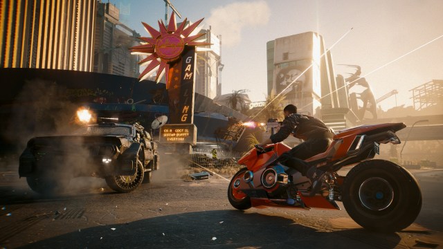 A Cyberpunk 2077 character riding a motorcycle in the city