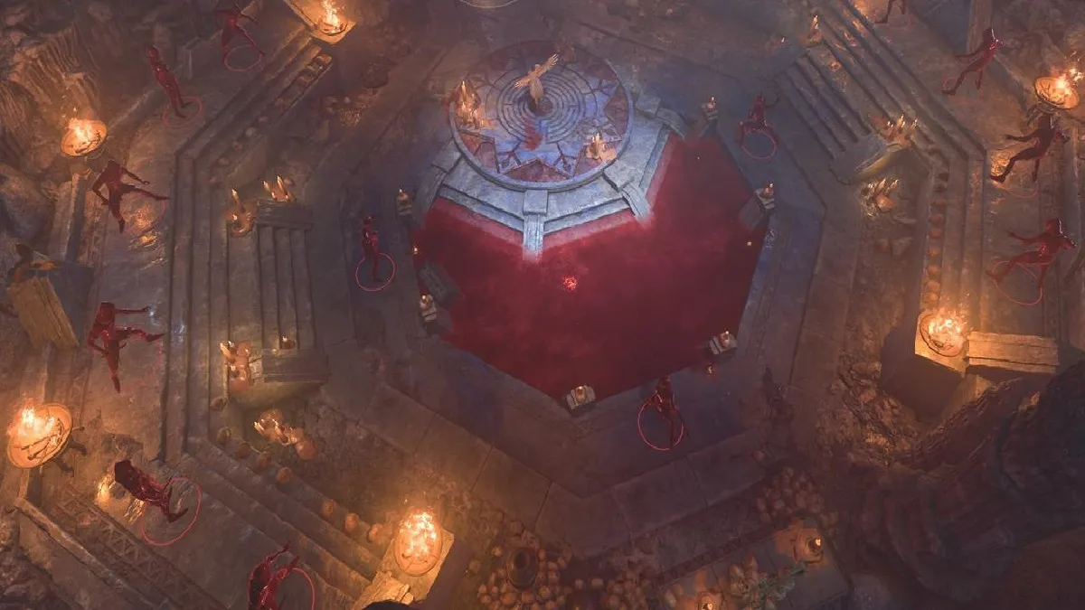 An image of a pool of blood in the center of a ritual hall with cultists in Baldur's Gate 3.