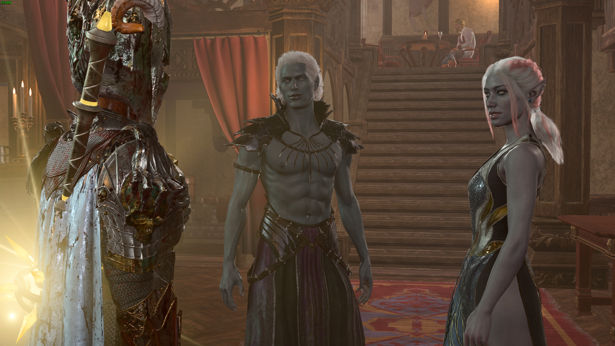Two Drow characters looking at our character in Sharess' Caress