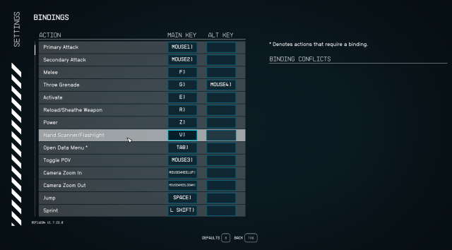 A screenshot from Starfield's menu screen. A long list of keybinding appear, while the mouse hovers over the Flashlight option.