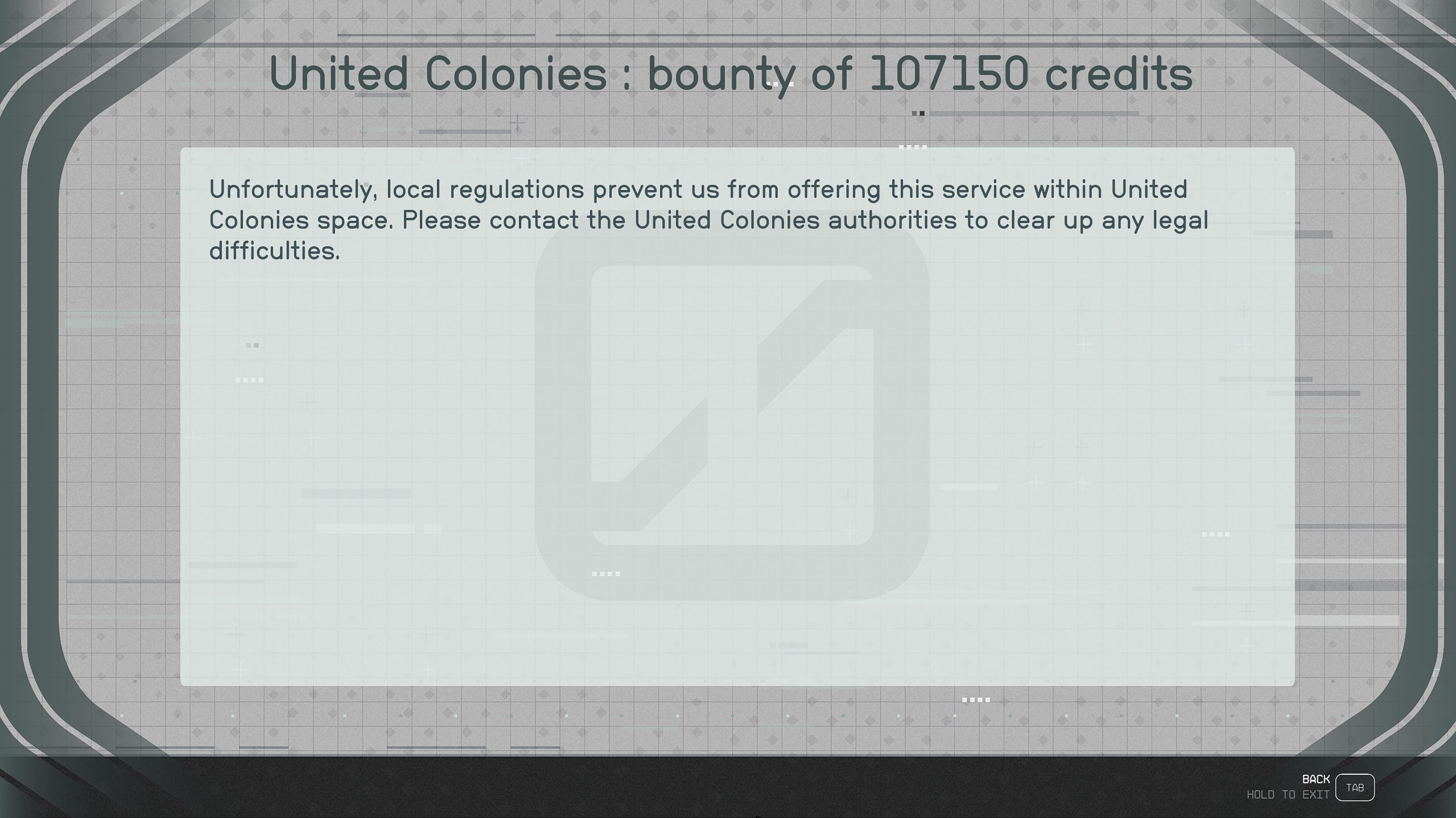 A screen showing an error message when attempting to pay off a bounty at a Bounty Clearance Kiosk in Starfield.