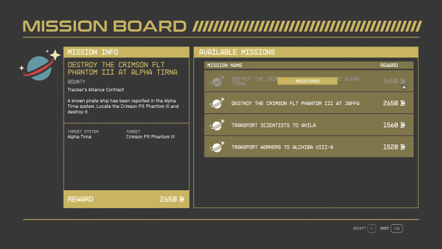 Image of a mission board in Starfield displaying several potential objectives.