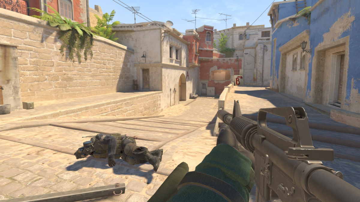 CS2 Mirage Mid with a CT on the ground at top mid and an M4A1-S