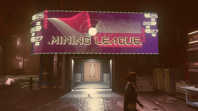 Image of a neon lit sign showing the entry to the Mining League.