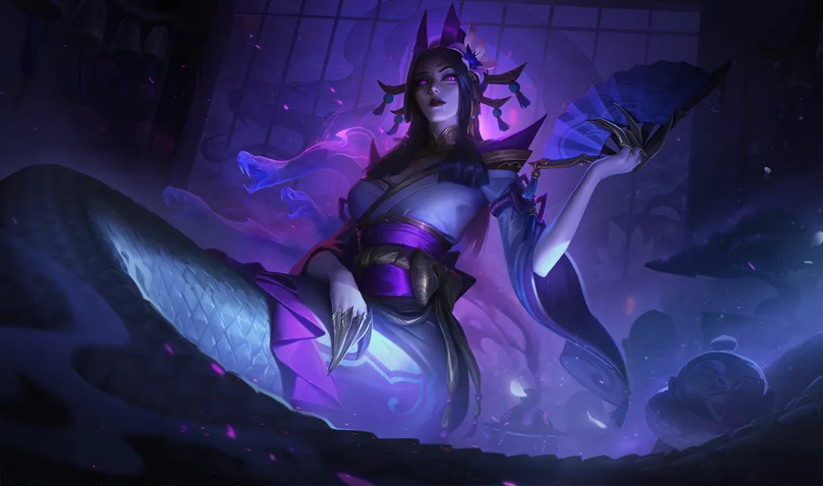 Cassiopeia, from League of Legends, slithering into frame with a purple aura.