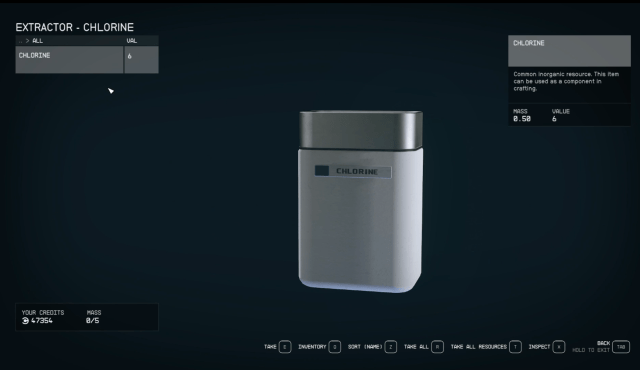 A screenshot from Starfield showing Chlorine as a material. It appears in a white rectangular container with 