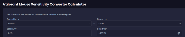 Screenshot taken of a third-party website that converts VALORANT sensitivity to CS2.