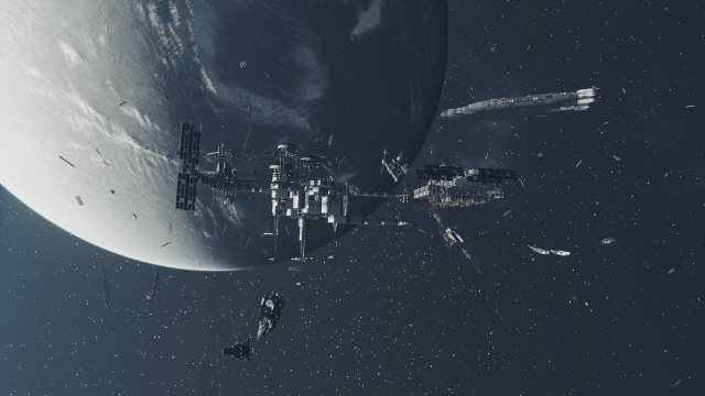 Image of a tattered space station being overlooked by a large space craft.