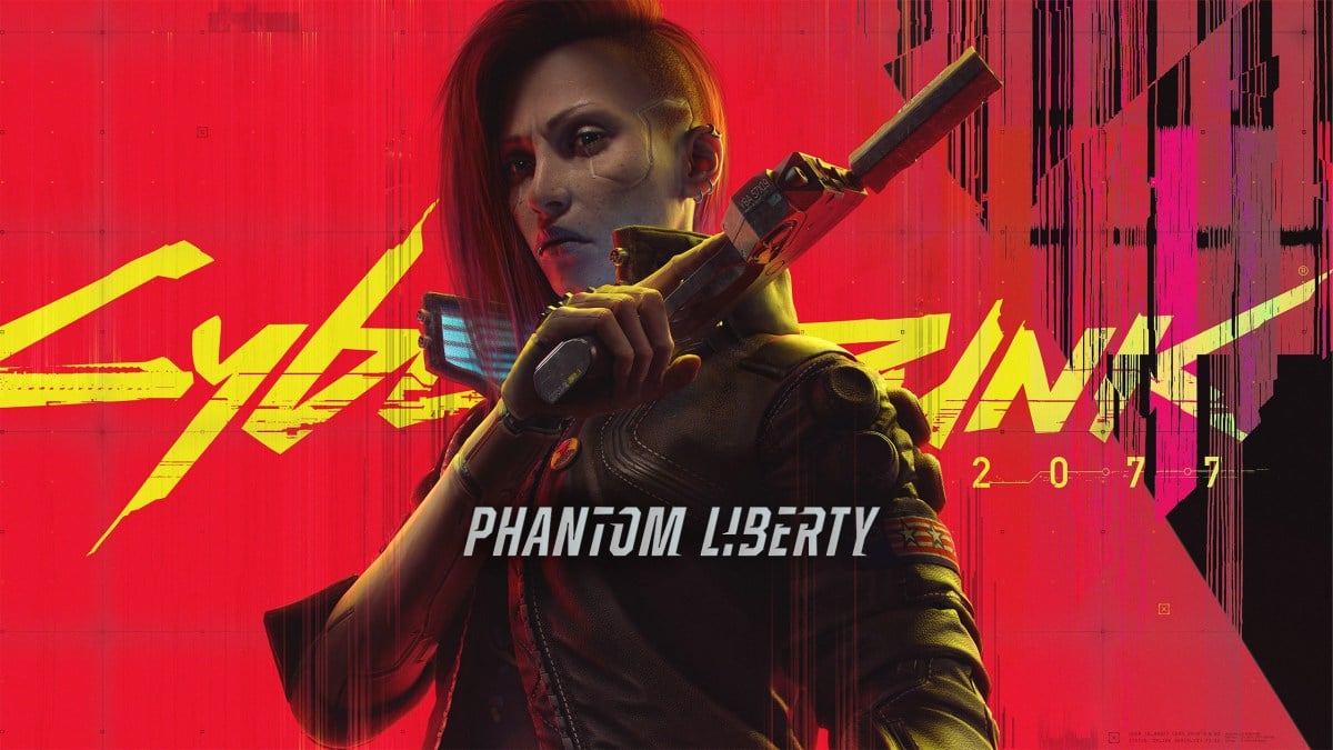 Official poster of Cyberpunk 2077's first DLC Phantom Liberty. It features a woman holding a pistol.