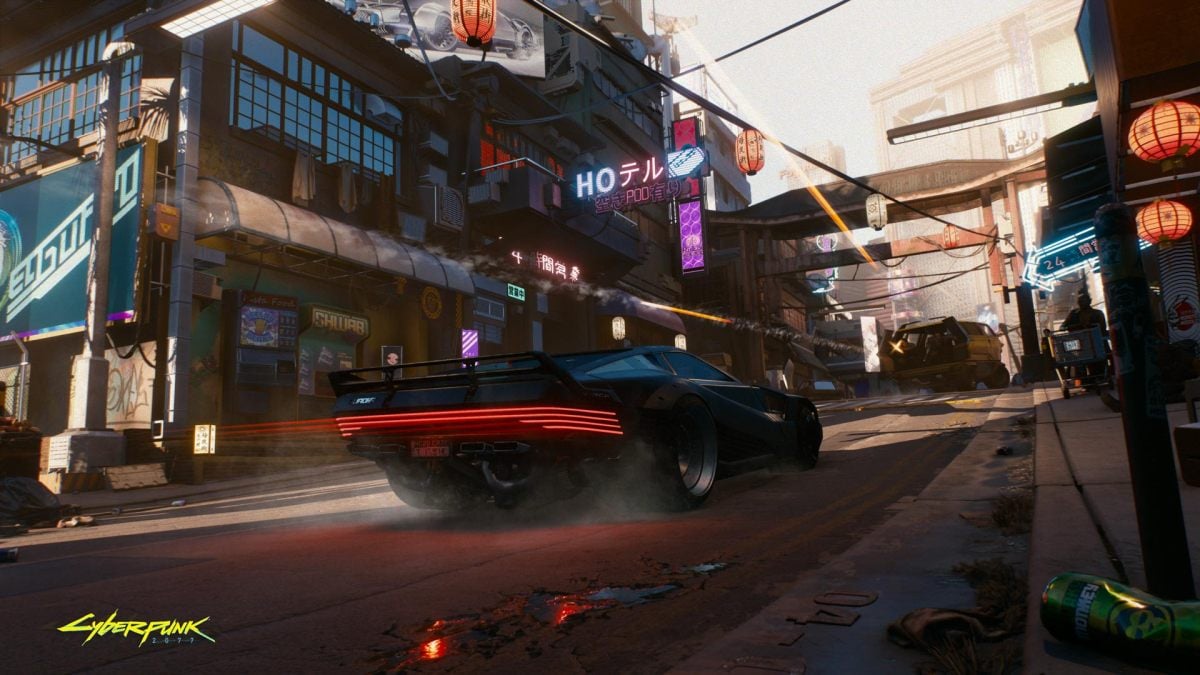 A car being shot at in Cyberpunk 2077.