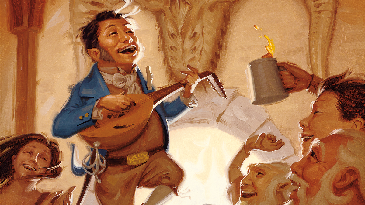 A Halfling Bard serenades a group in a tavern in this Dungeons & Dragons 5th Edition image.
