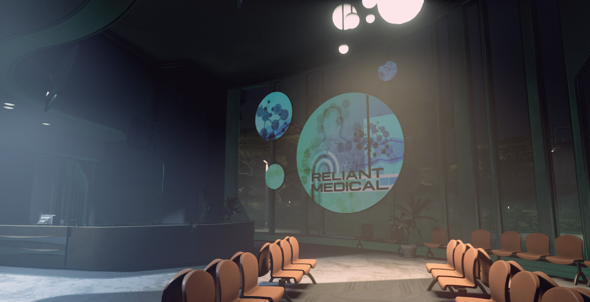 Reliable Doctors office in Starfield with chairs and sign in the background at night
