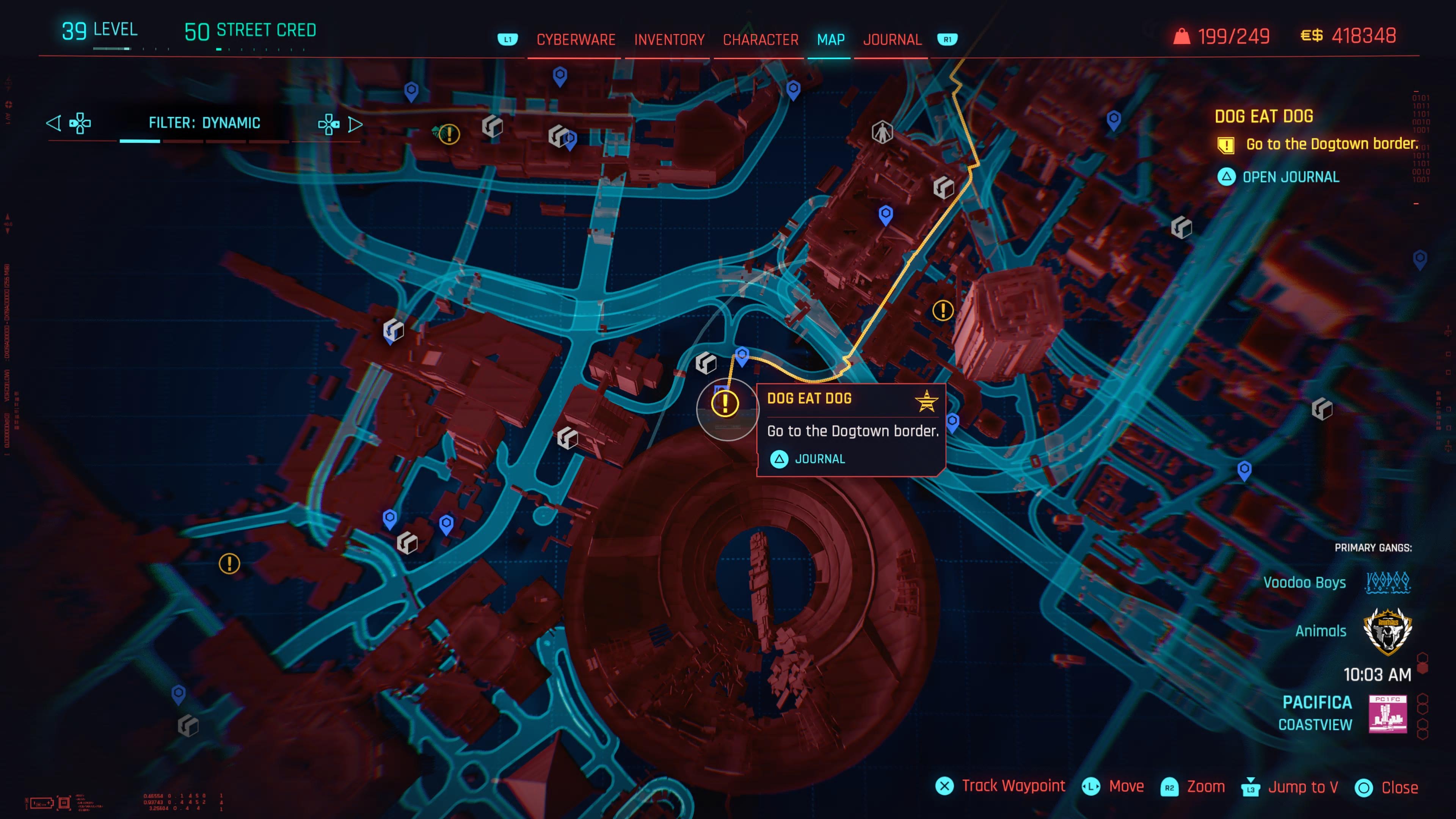 An in game screenshot of the map with the marker following the Dog Eat Dog mission from Cyberpunk 2077 
