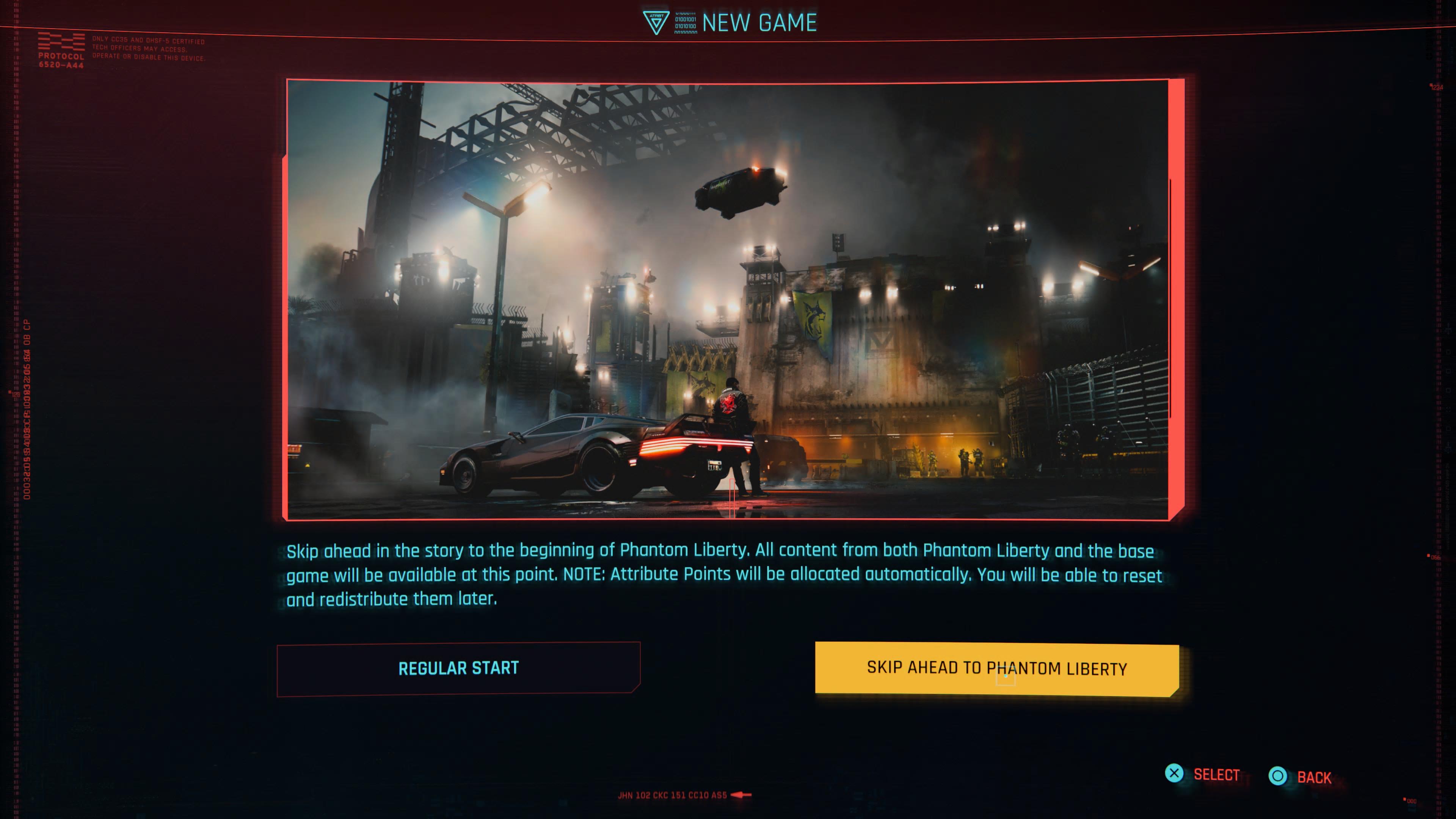 An in game screenshot of the new game menu from the game Cyberpunk 2077. 