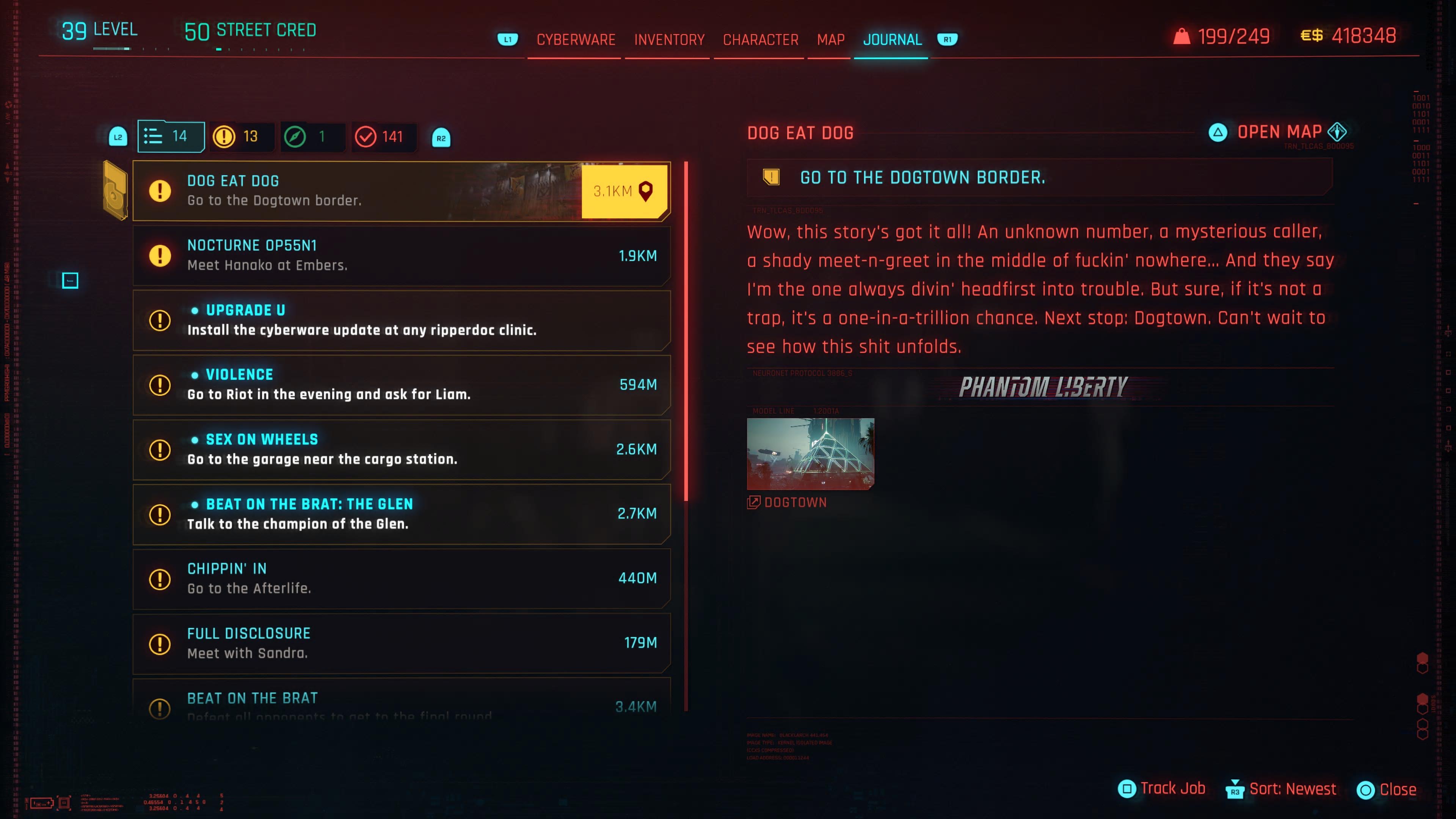 An in game screenshot of the mission menu from the game Cyberpunk 2077. 